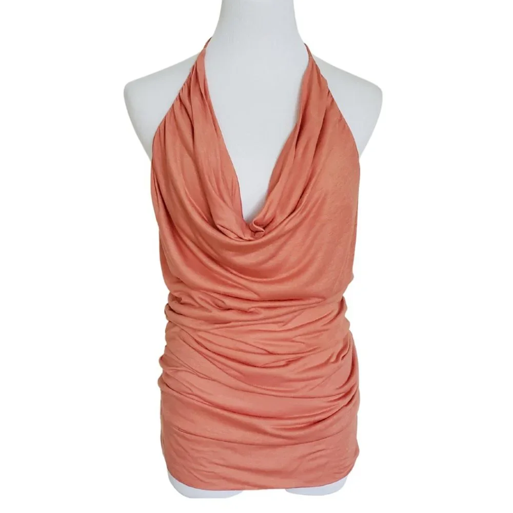 Women's Halter Cowl Neck Ruched Tank Top - Peach - Picture 2 of 6